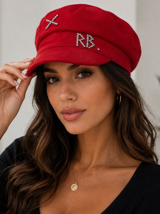 Red Newsboy Baker Boy Hat Rhinestone Embellished Fashion Cap Chic Style main image 5